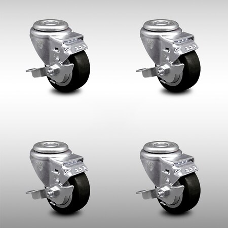 Service Caster 3.5 Inch SS Black Polyurethane Wheel Swivel Bolt Hole Caster Set with Brake SCC SCC-SSBH20S3514-PPUB-BLK-TLB-4